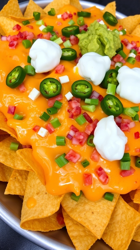 A plate of cheesy nachos topped with jalapeños, green onions, and served with sour cream and guacamole.